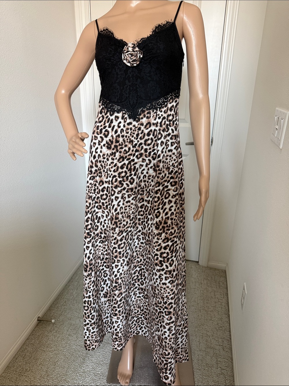 WAYF Black Lace & Leopard Print Slip Dress